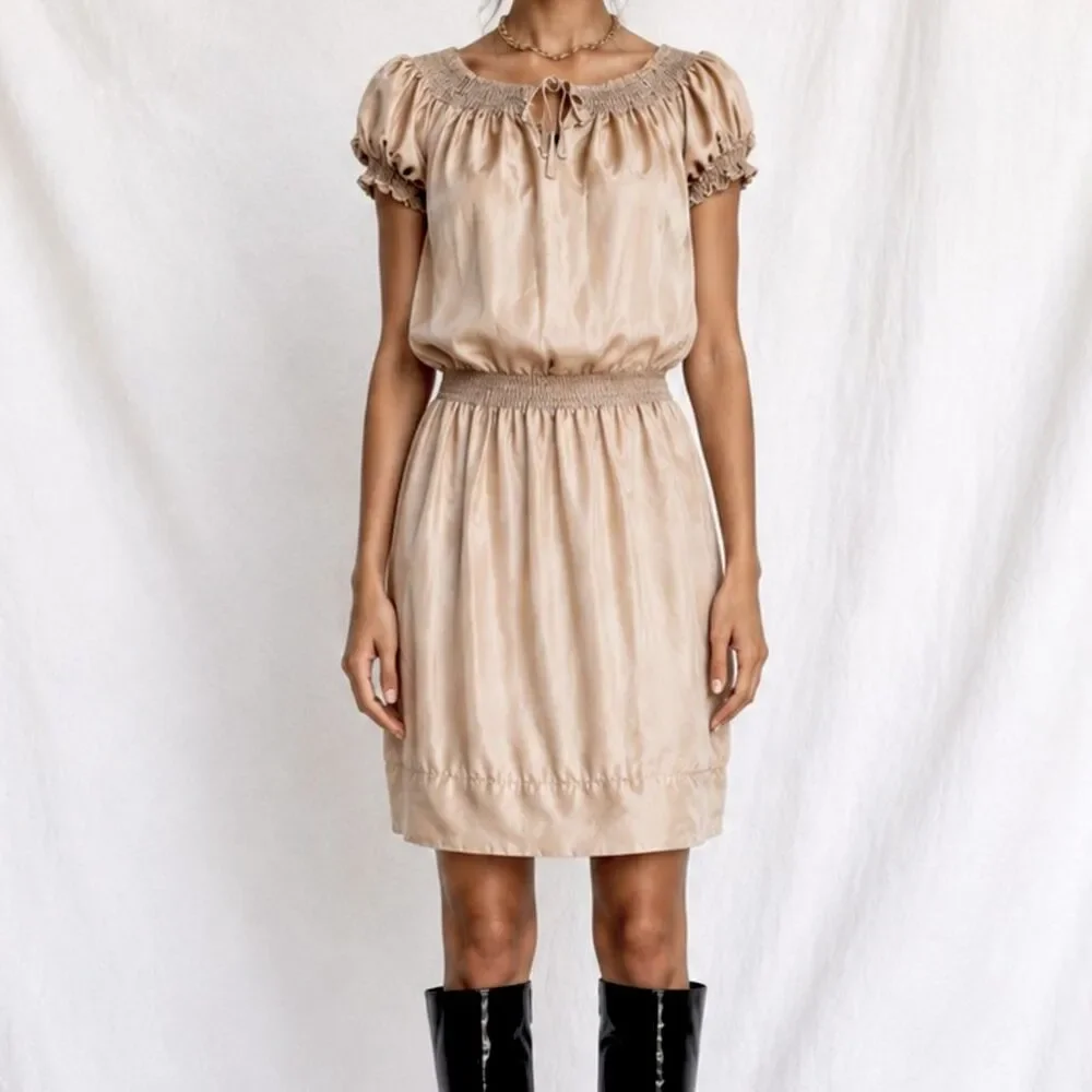 Vintage Y2K 90s Silk Beige Brown Puffy Sleeve Knee Length Boho Dress Size S/M/L